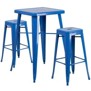 Brimmes 3pcs Square 23.75'' Blue Metal Table w/2 Square Seat Backless Barstool