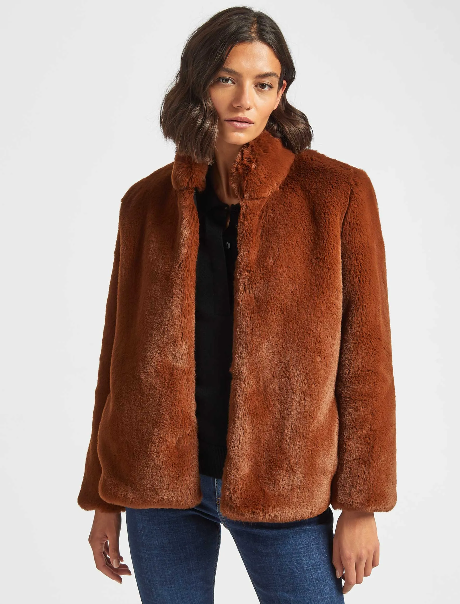 Carly Cropped Faux Fur Coat - Chestnut Brown