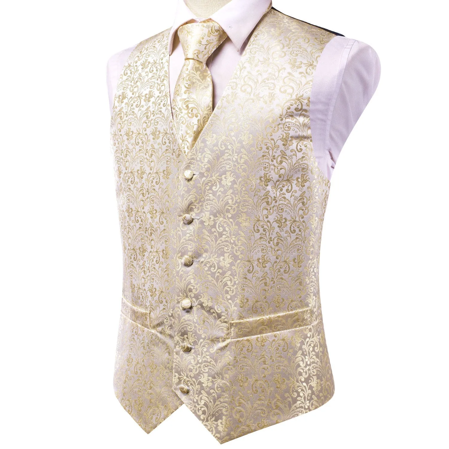 Champagne Beige Floral Jacquard Silk Men's Vest Hanky Cufflinks Tie Set