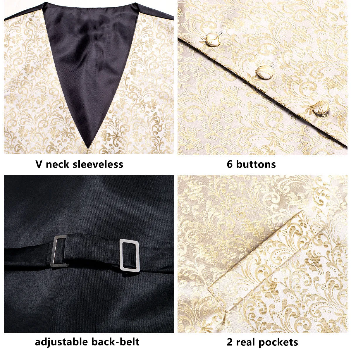 Champagne Beige Floral Jacquard Silk Men's Vest Hanky Cufflinks Tie Set