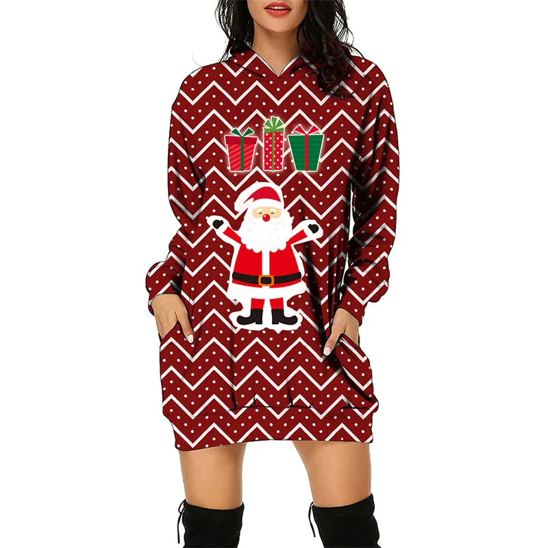 Christmas Print Women Hoodies Long Sleeve Pullover Sweatshirt Mini Dress with Pockets