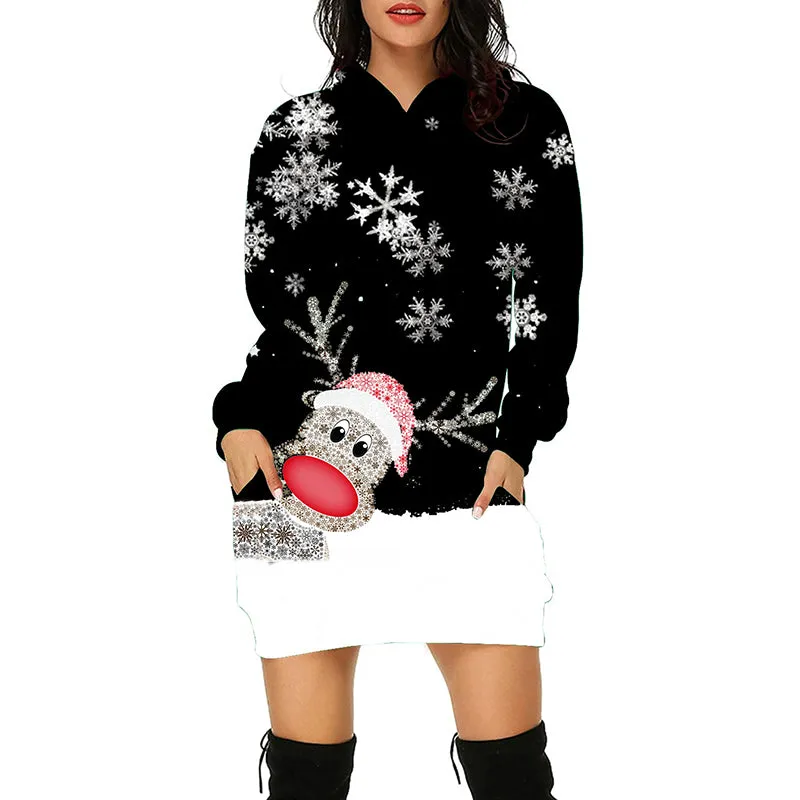 Christmas Print Women Hoodies Long Sleeve Pullover Sweatshirt Mini Dress with Pockets