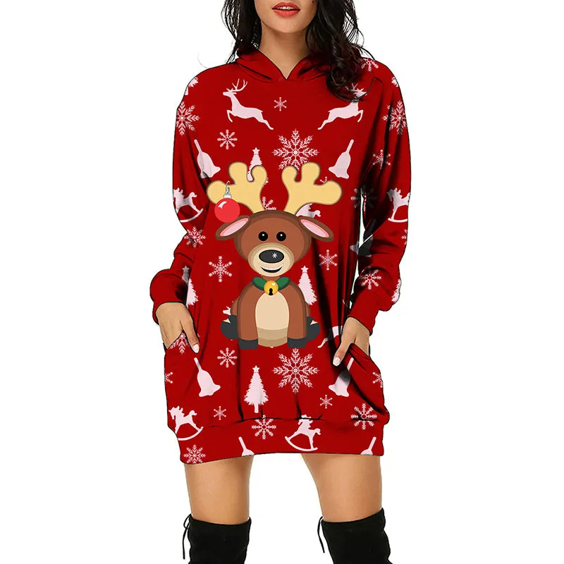 Christmas Print Women Hoodies Long Sleeve Pullover Sweatshirt Mini Dress with Pockets