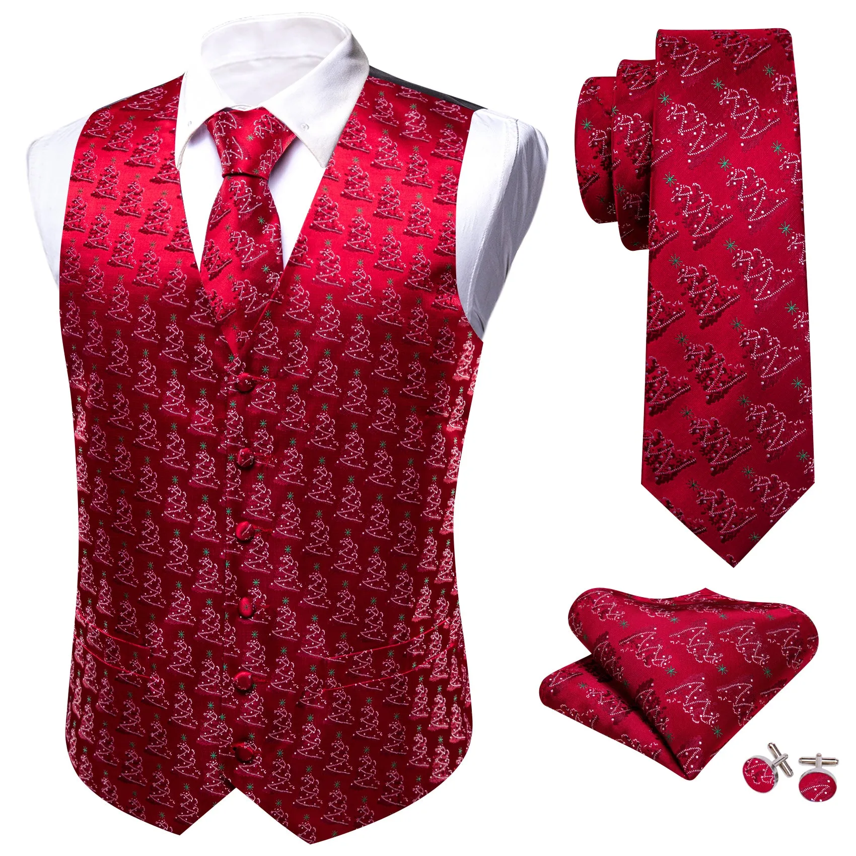 Christmas Red Green White Trees Silk Men's Vest Hanky Cufflinks Tie Set