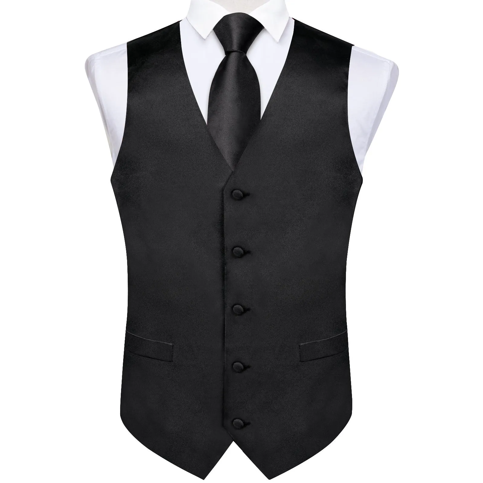 Classic Black Solid Satin Men's Vest Tie Set