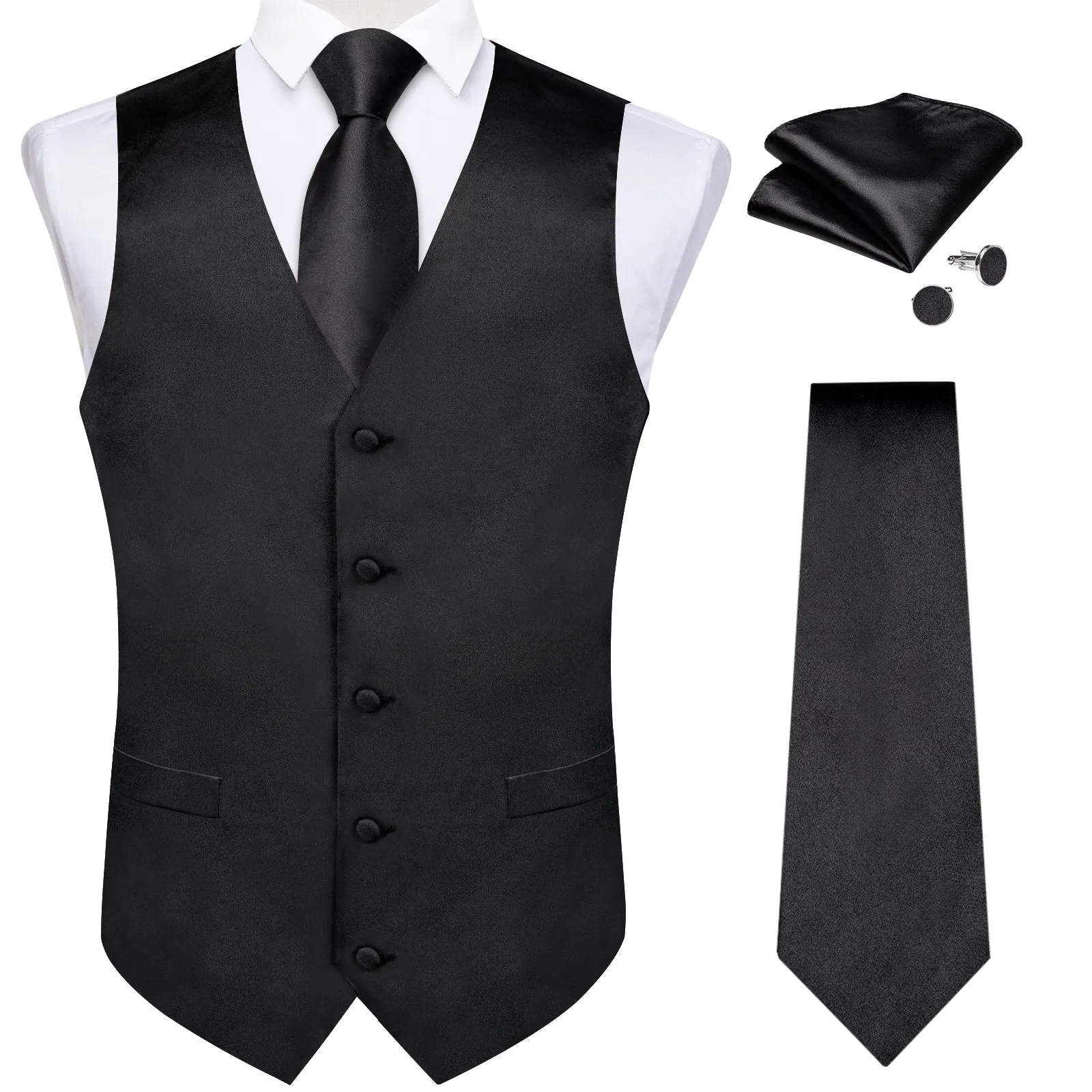 Classic Black Solid Satin Men's Vest Tie Set