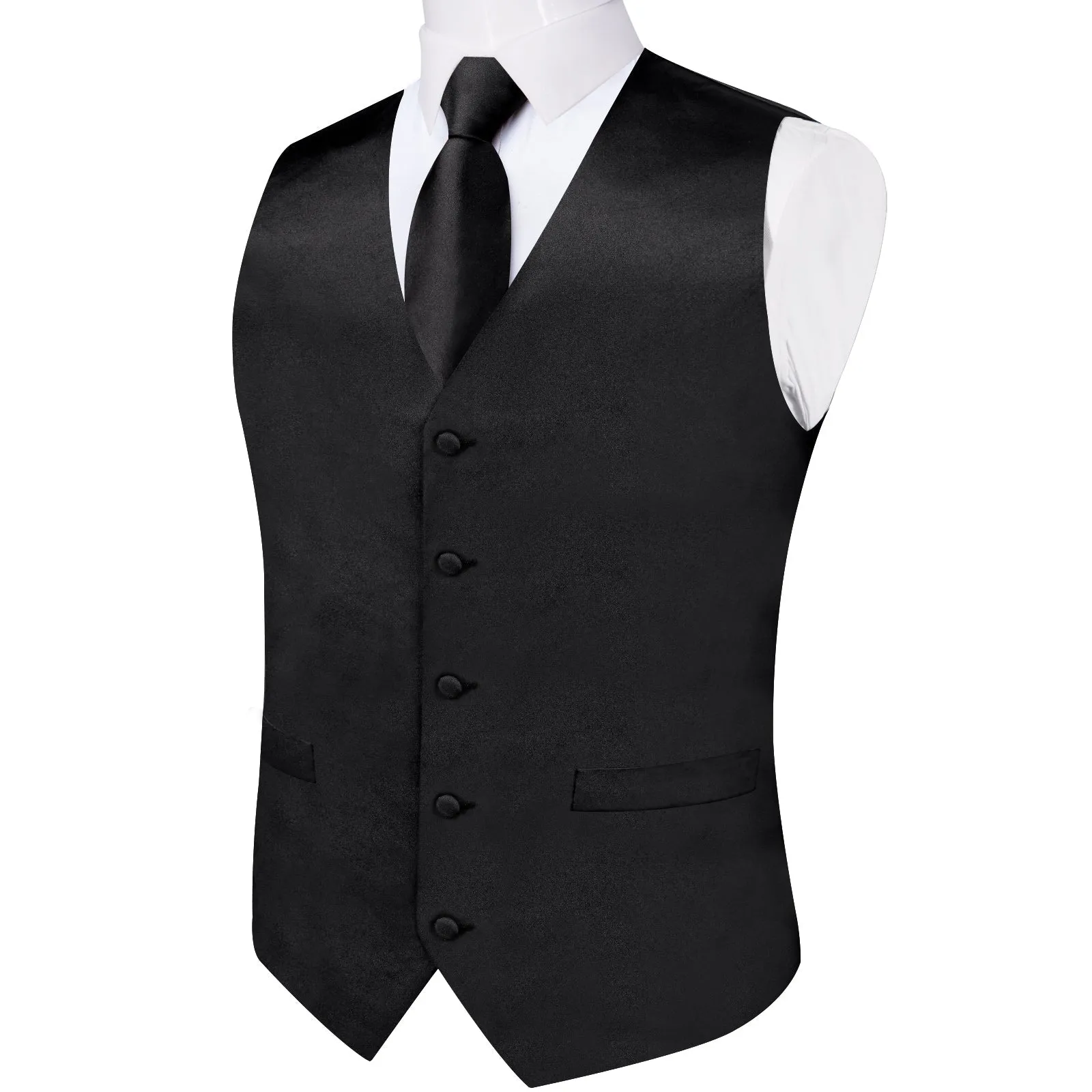 Classic Black Solid Satin Men's Vest Tie Set