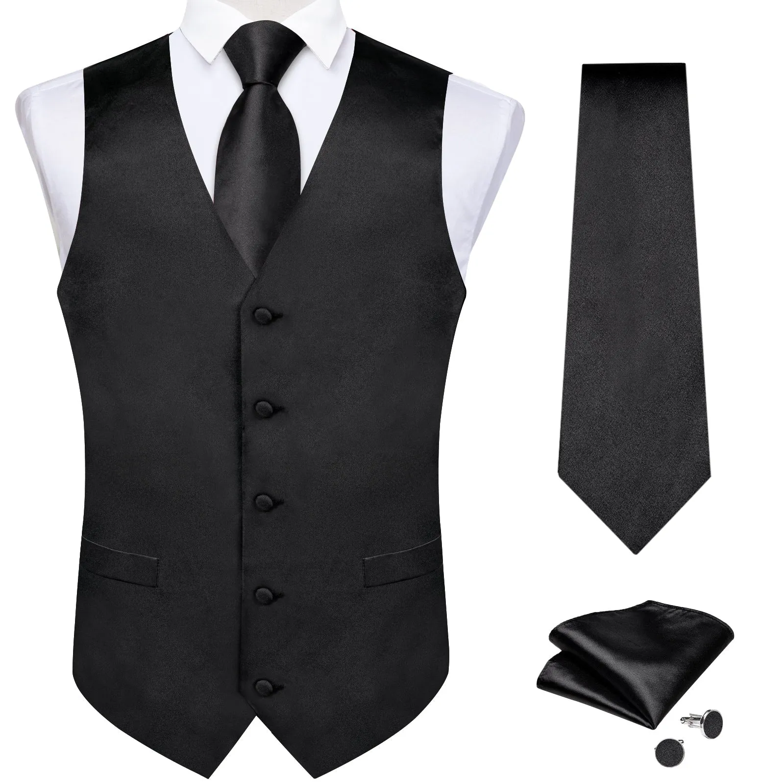 Classic Black Solid Satin Men's Vest Tie Set