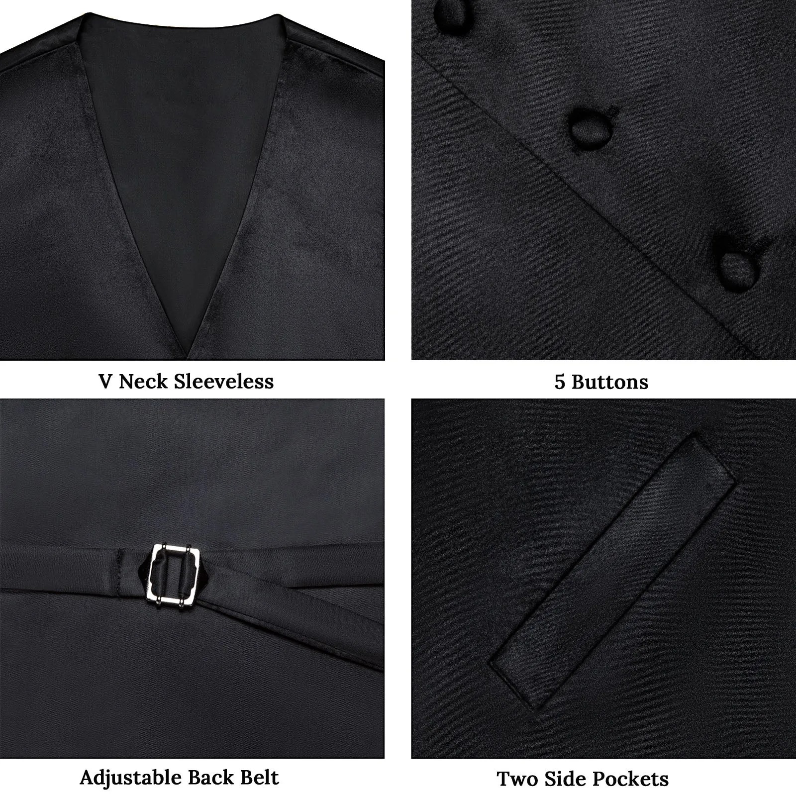 Classic Black Solid Satin Men's Vest Tie Set