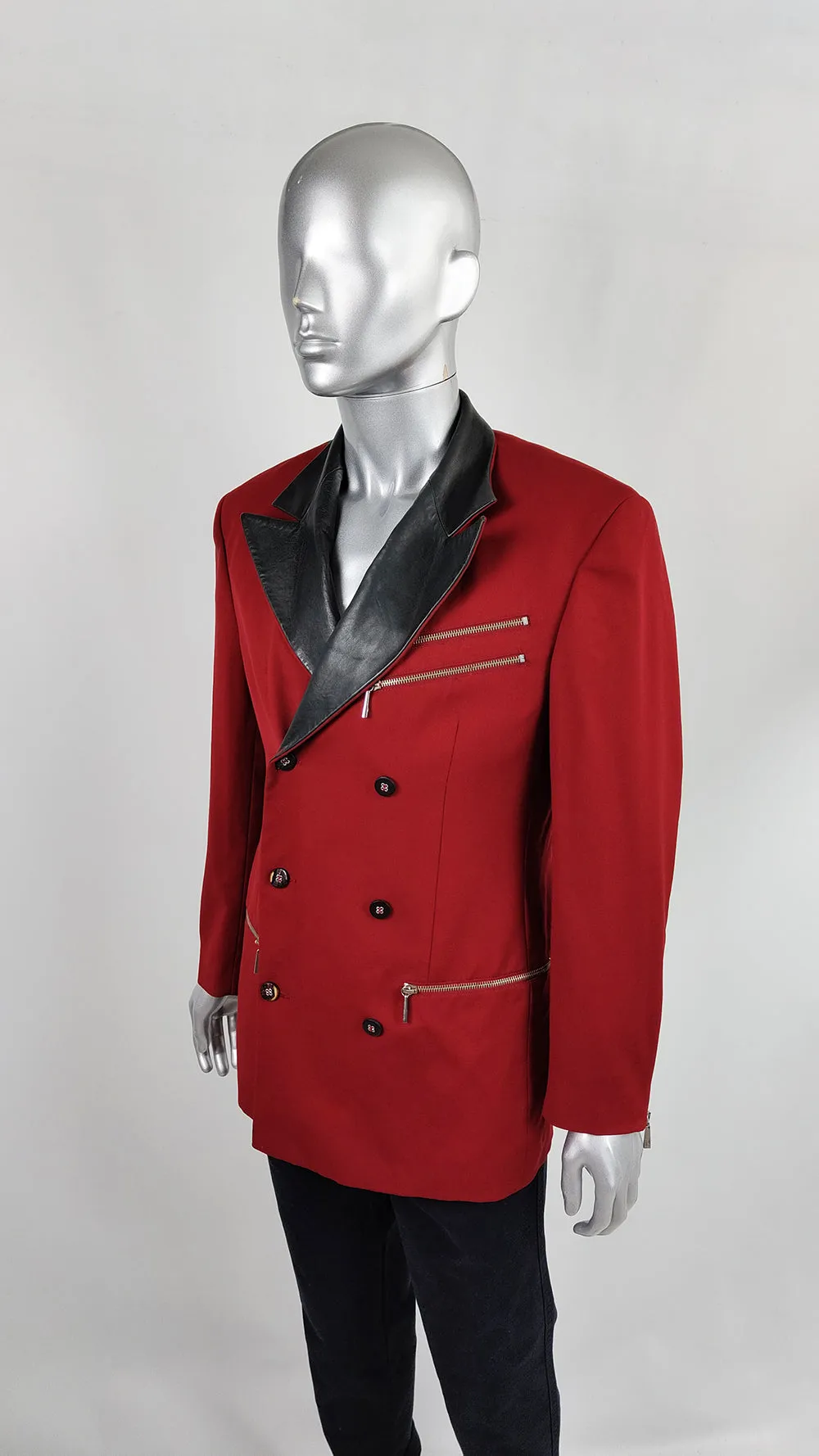 Claude Montana Vintage Mens Red Wool & Leather Jacket, 1980s