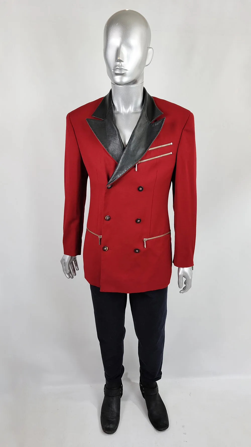 Claude Montana Vintage Mens Red Wool & Leather Jacket, 1980s