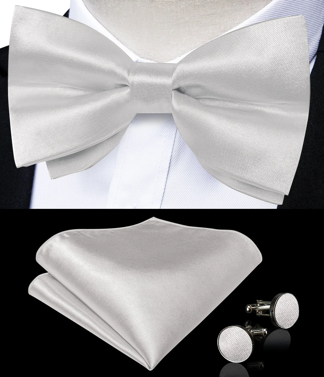 Cloud Grey Solid Silk Men's Vest Hanky Cufflinks Bow Tie Set