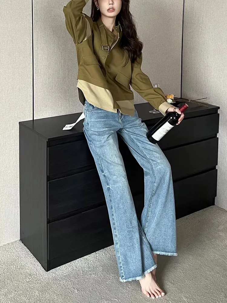 Colorblock Casual Jackets For Women Round Neck Long Sleeve Patchwork Pockets Loose Jacket Female Fashion Clothes