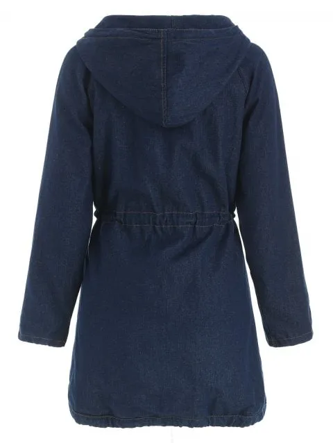 Cute Long Sleeve Hooded Drawstring Women's Mid Length Coat