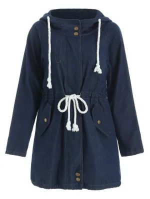 Cute Long Sleeve Hooded Drawstring Women's Mid Length Coat