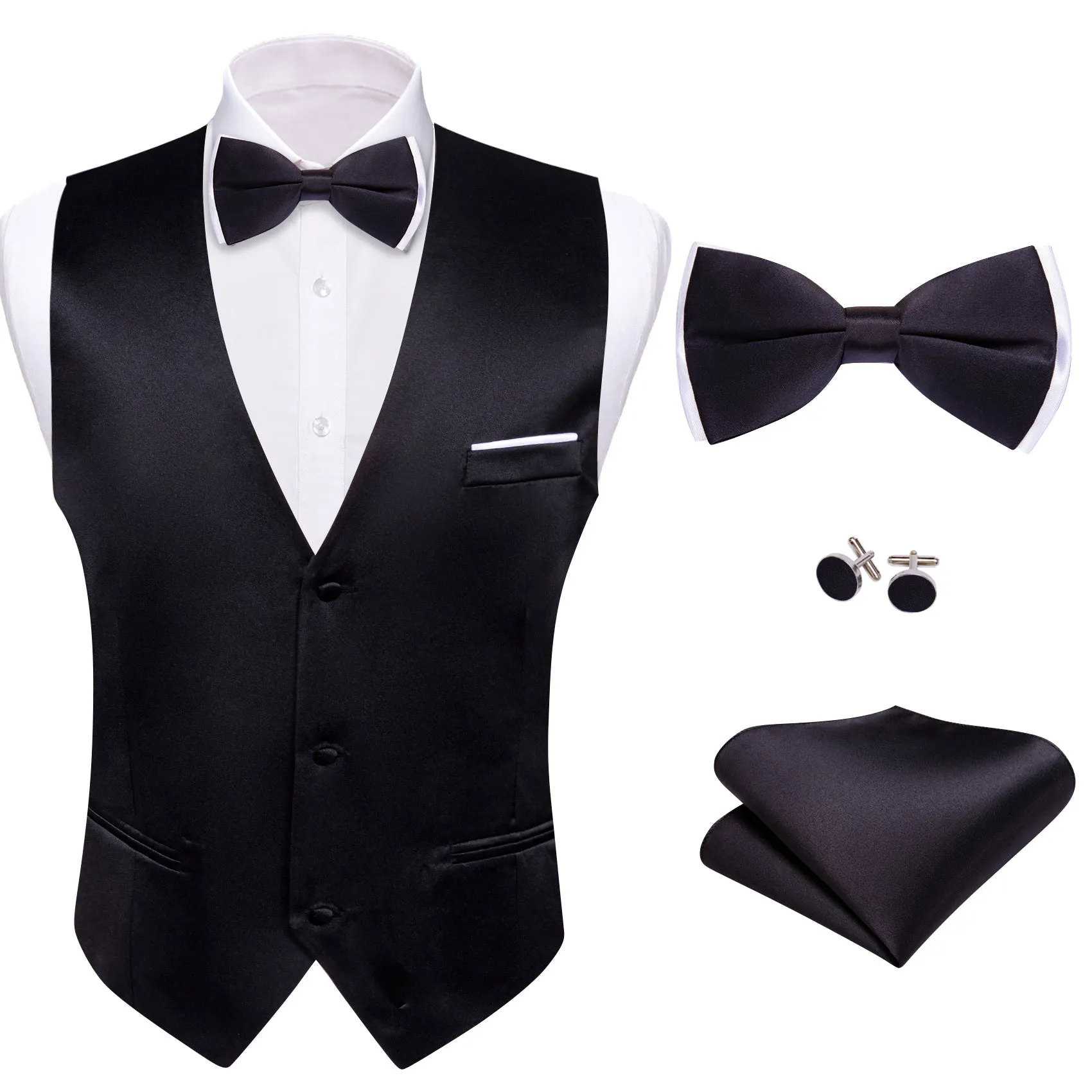 Dark Black Solid Silk Men's Vest Bow Tie Set Waistcoat Suit Set