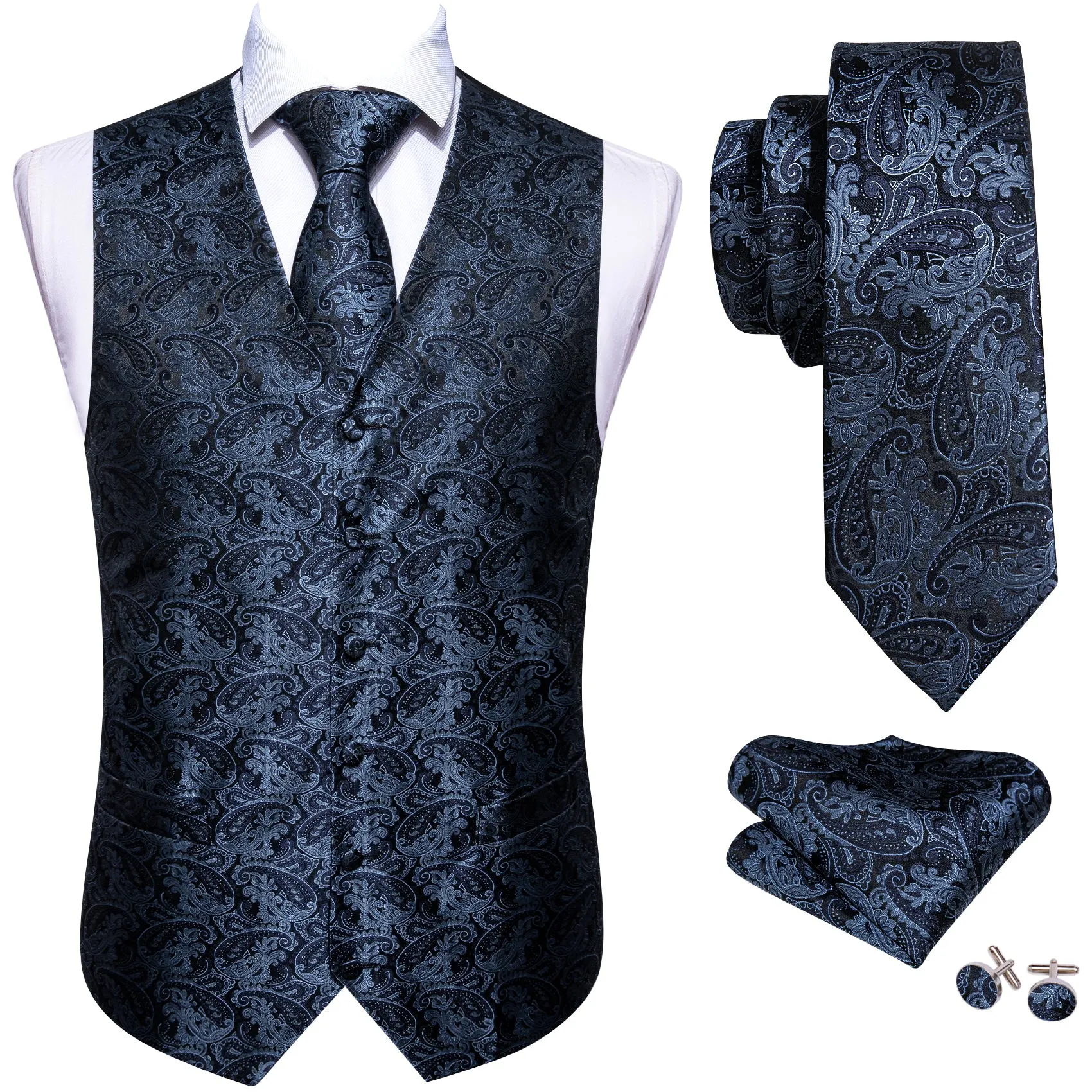 Dark Blue Paisley Jacquard Silk Men's Vest Hanky Cufflinks Tie Set