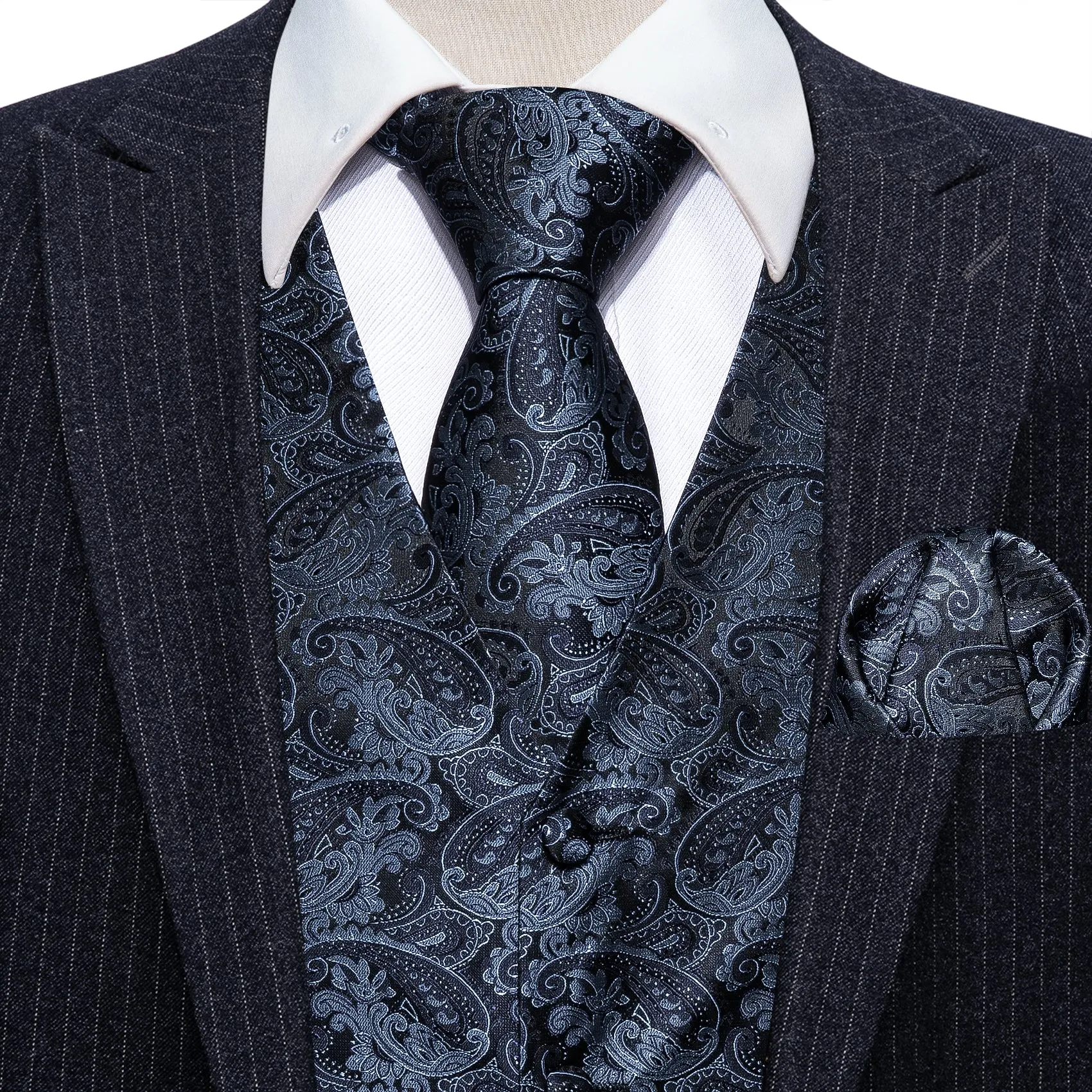 Dark Blue Paisley Jacquard Silk Men's Vest Hanky Cufflinks Tie Set