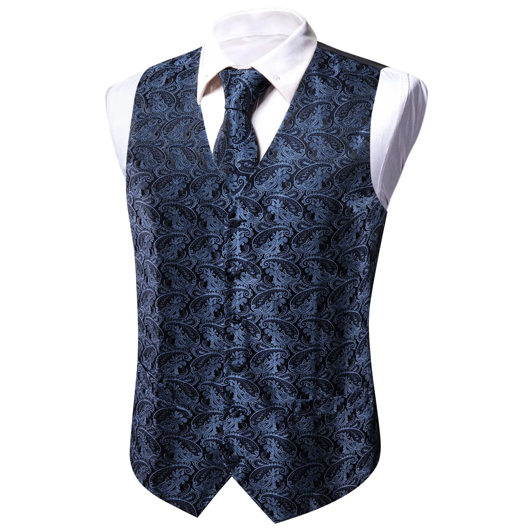 Dark Blue Paisley Jacquard Silk Men's Vest Hanky Cufflinks Tie Set