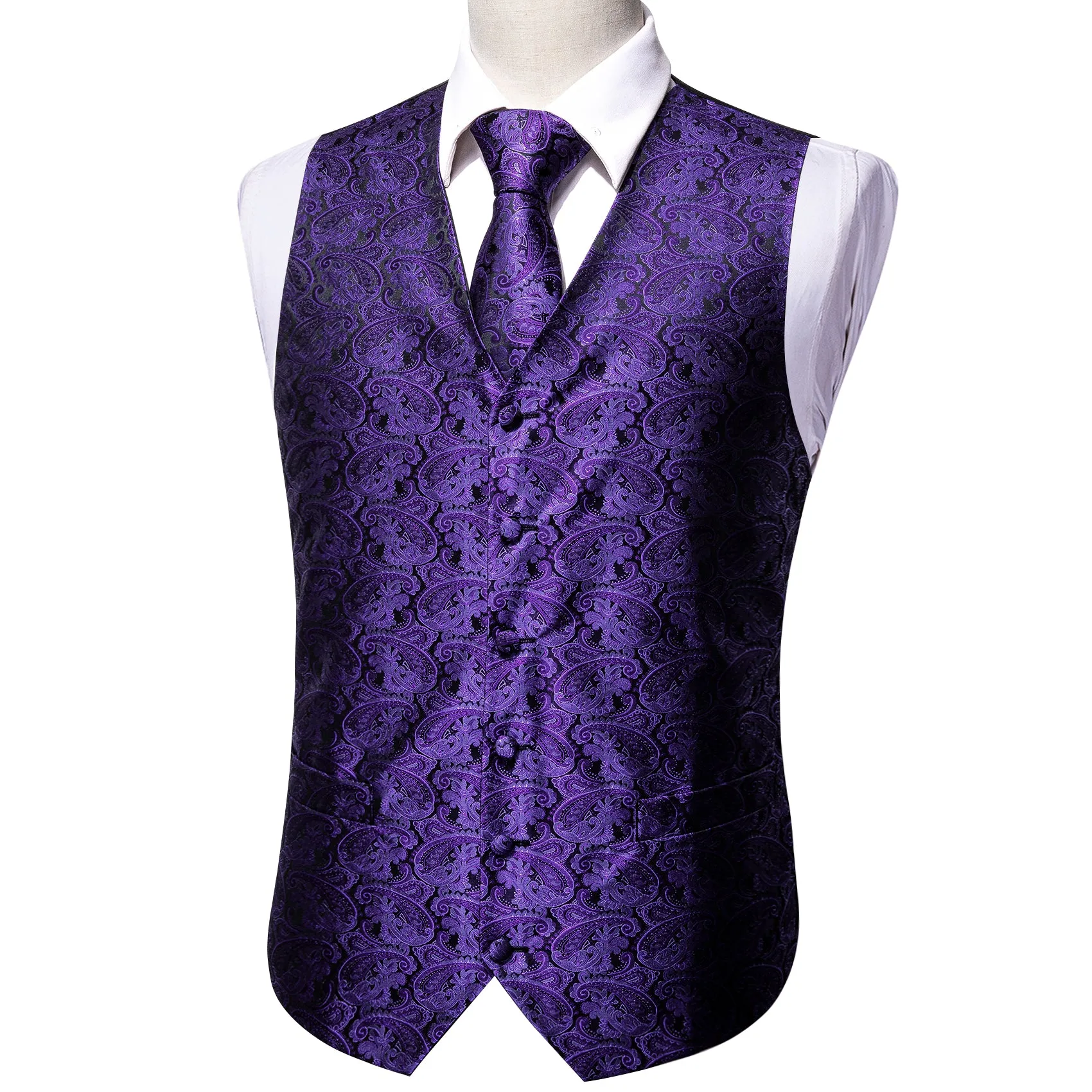 Dark Purple Paisley Jacquard Silk Men's Vest Hanky Cufflinks Tie Set