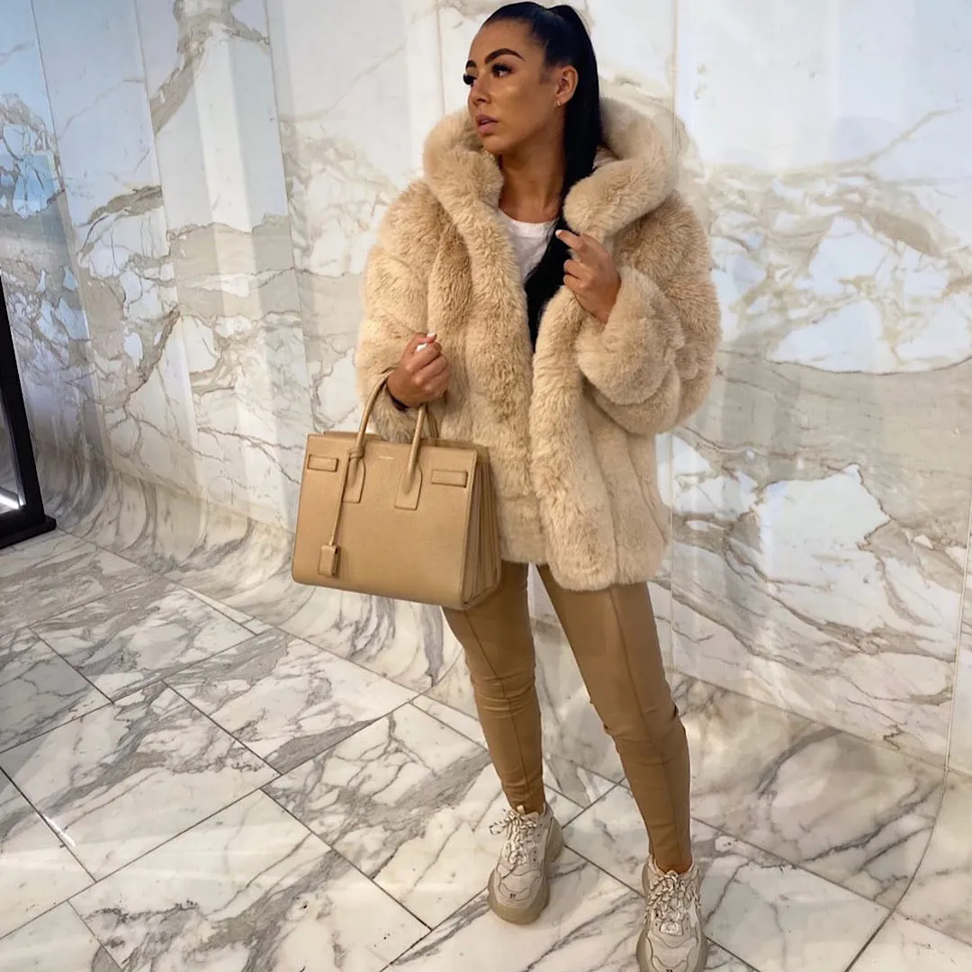 Dayna Beige Hooded Faux Fur Coat