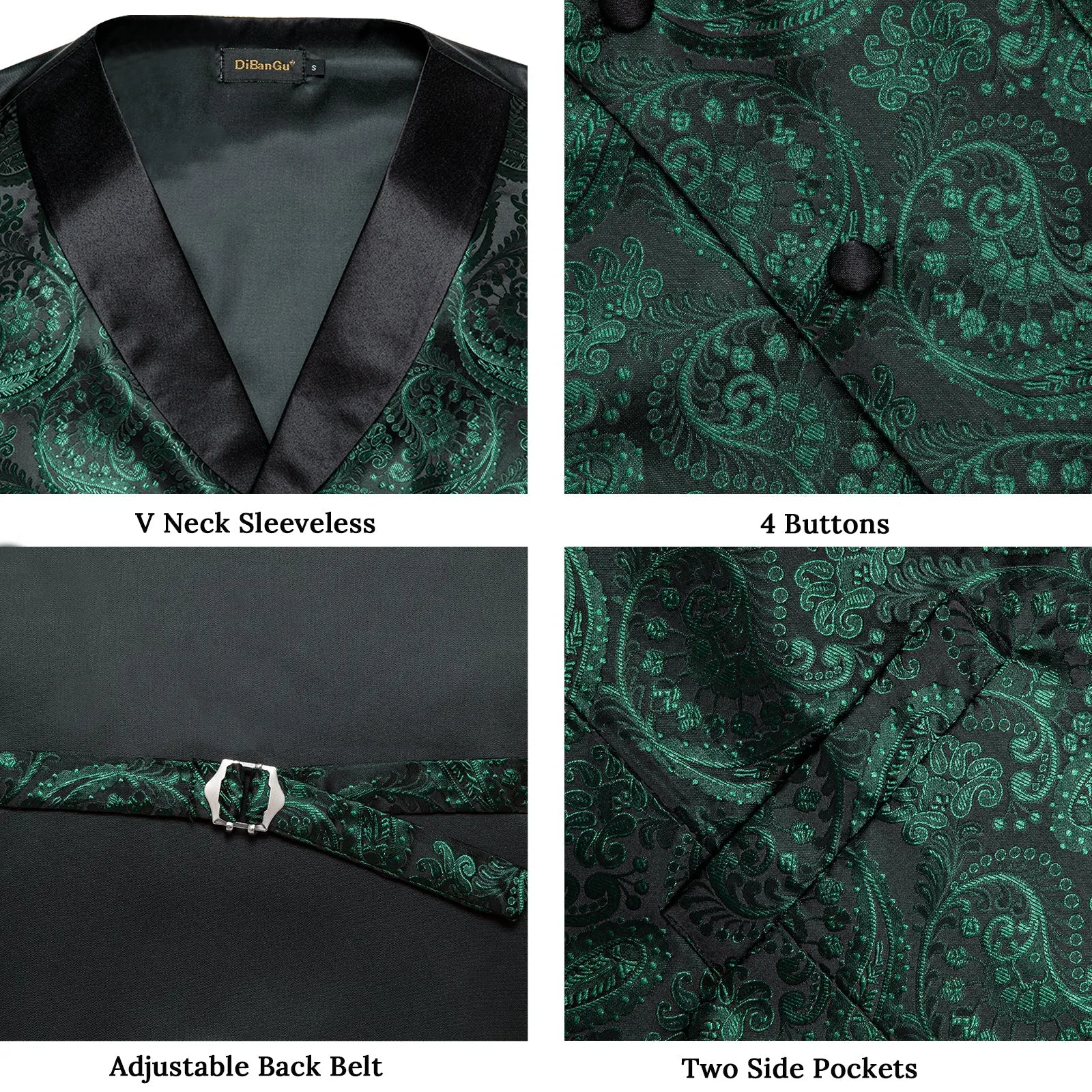 Deep Green Paisley Black Collar Vest Tie Hanky Cufflinks Set