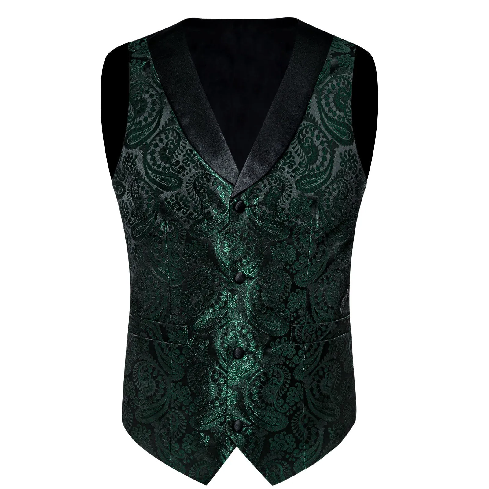 Deep Green Paisley Black Collar Vest Tie Hanky Cufflinks Set