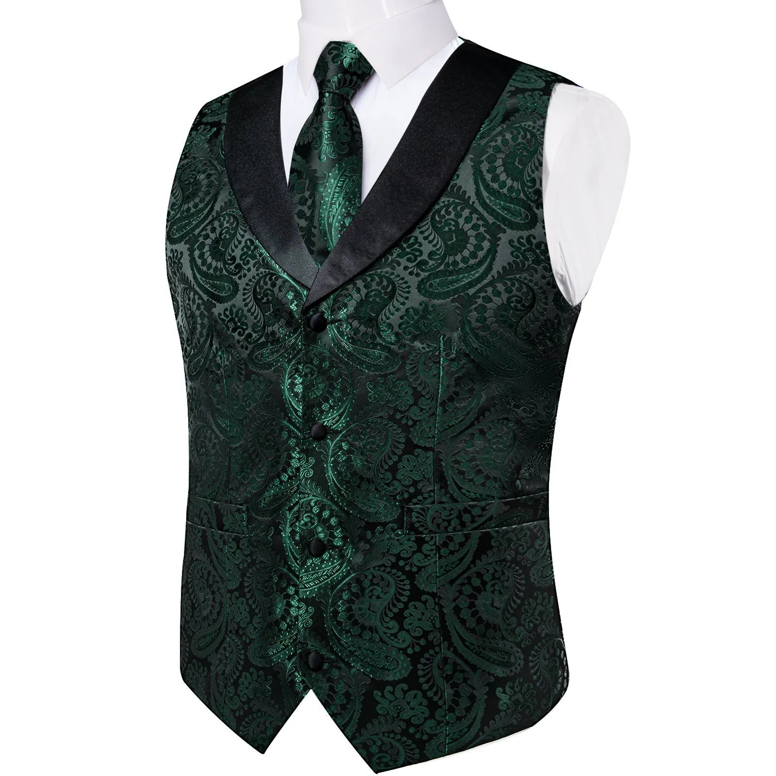 Deep Green Paisley Black Collar Vest Tie Hanky Cufflinks Set