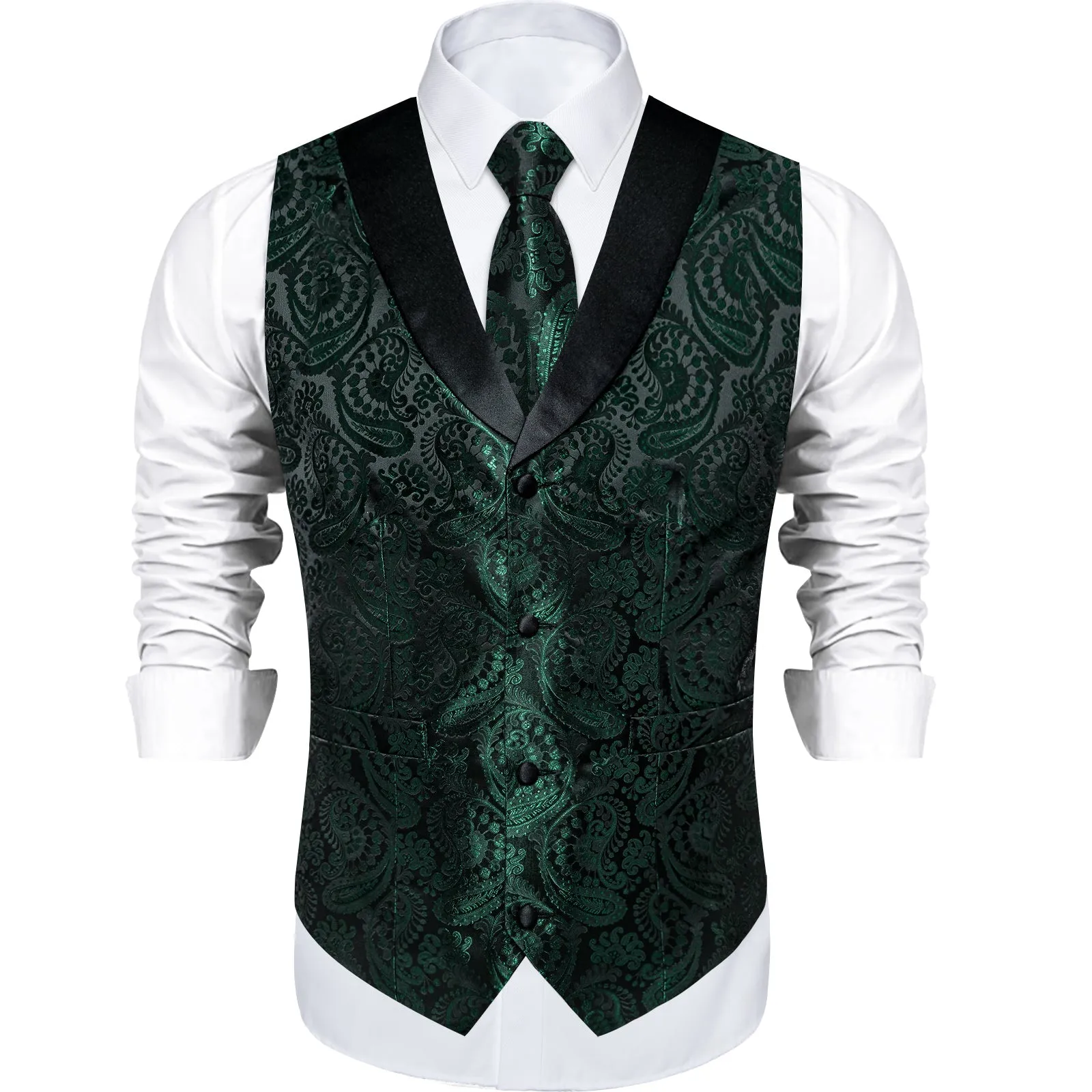 Deep Green Paisley Black Collar Vest Tie Hanky Cufflinks Set