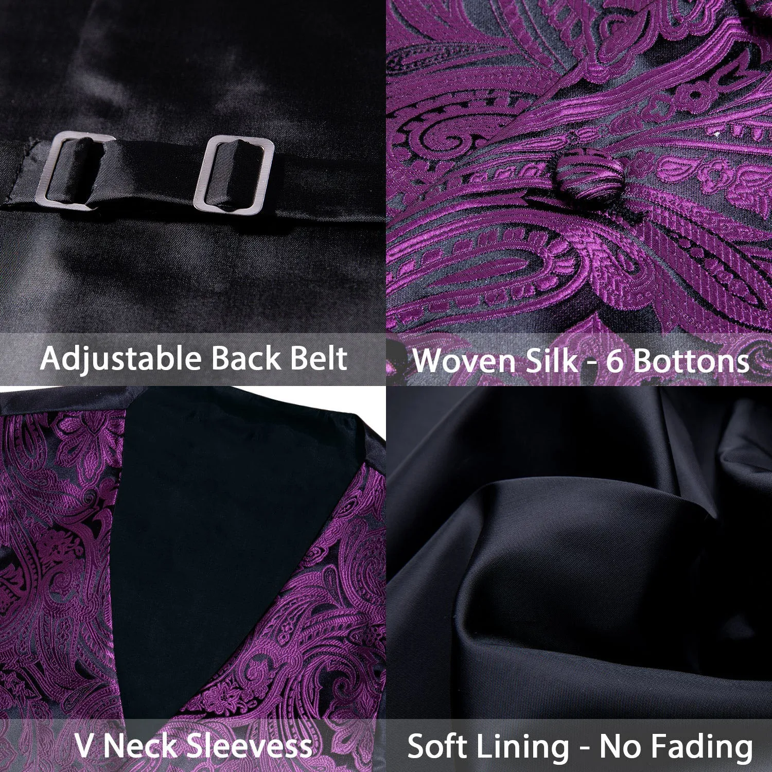 Deep Purple Paisley Jacquard Silk Men's Vest Hanky Cufflinks Tie Set