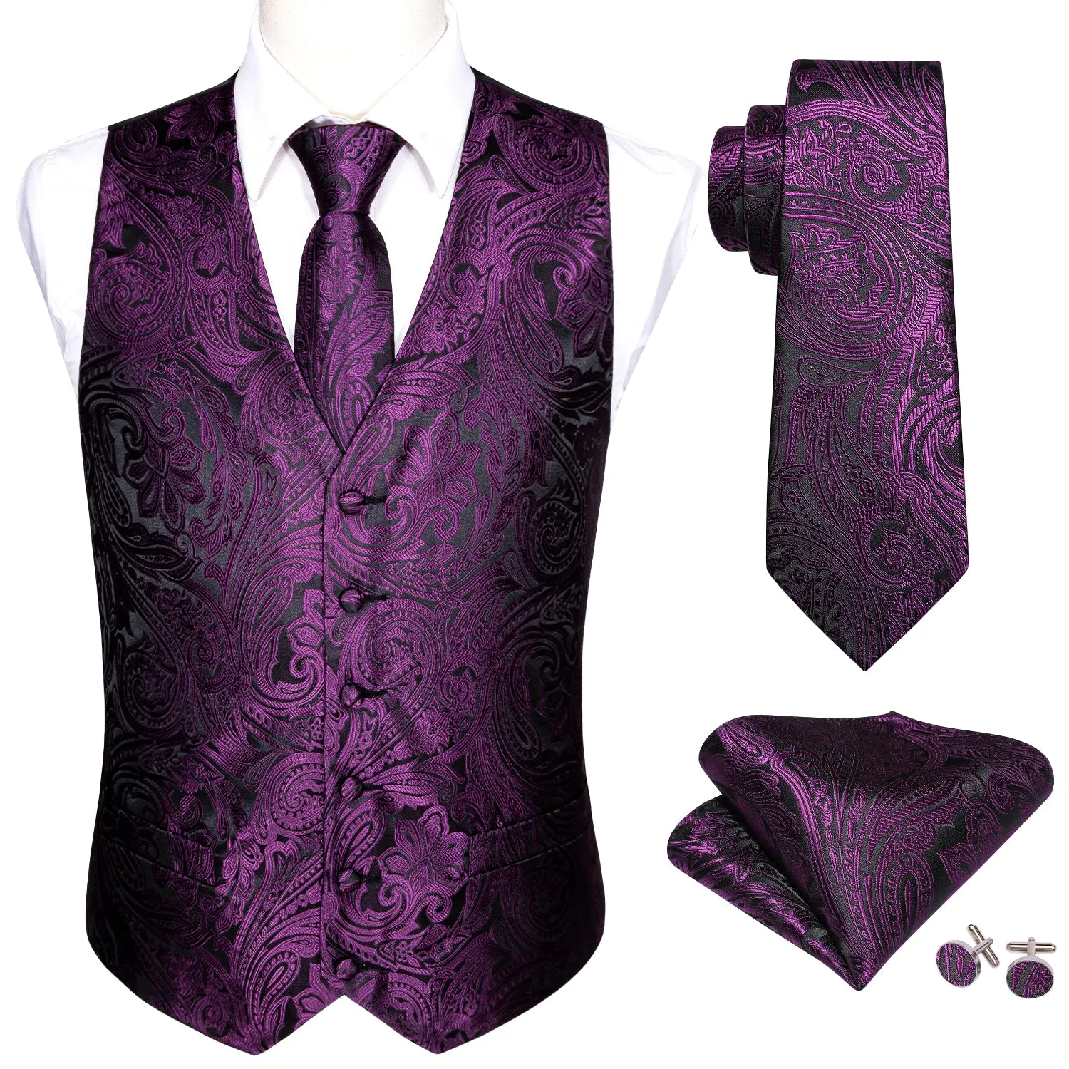 Deep Purple Paisley Jacquard Silk Men's Vest Hanky Cufflinks Tie Set