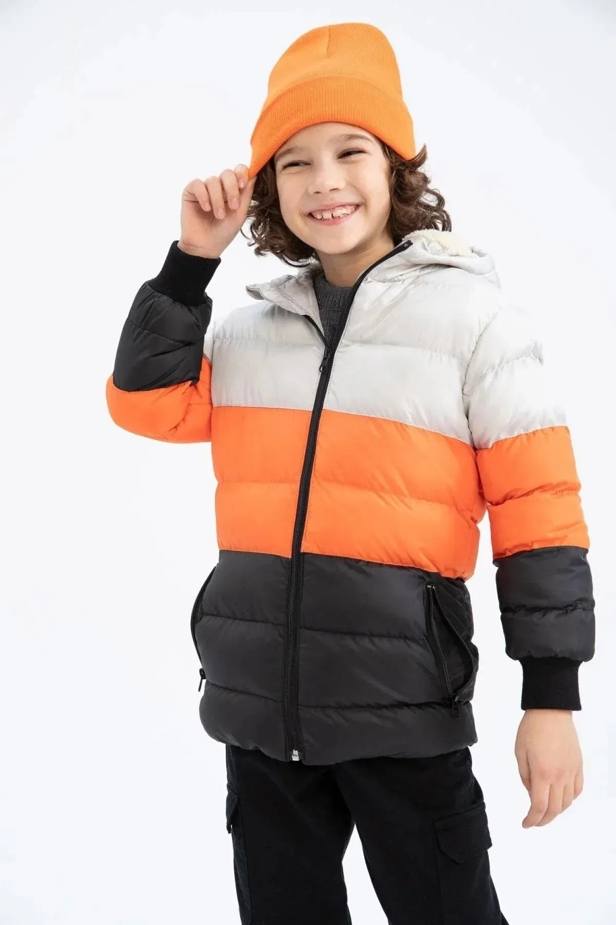 Defacto Boy's White-Orange-Black Hooded Plush Lined Coat