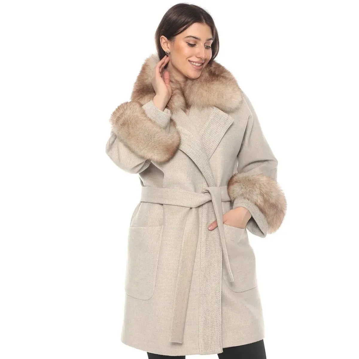 Elegant Beige Lama Coat with Fox Fur Accents