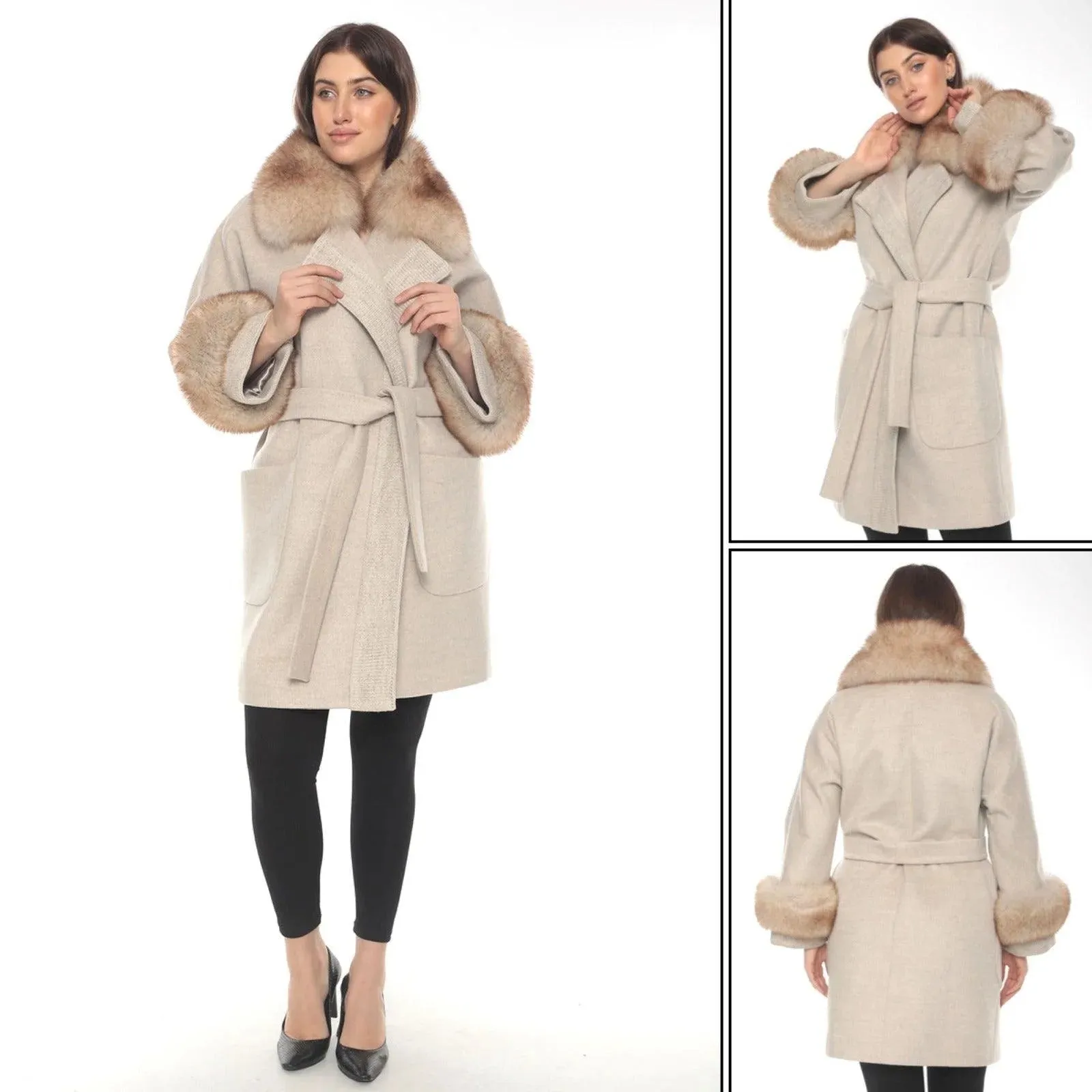 Elegant Beige Lama Coat with Fox Fur Accents