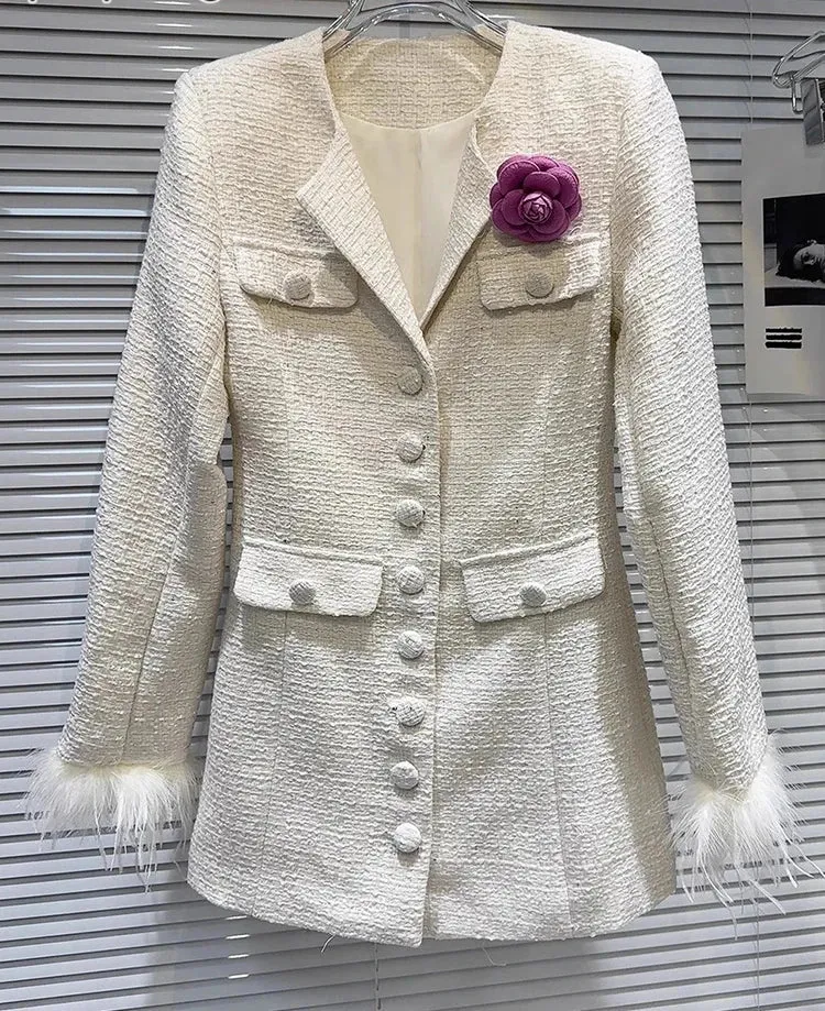 Elegant Spliced Brooch Coats For Women Lapel Long Sleeve Patchwork Single Breasted Temperament Coat Female Fashion