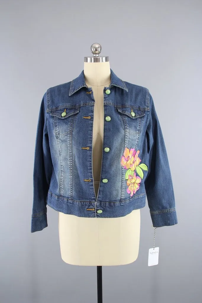 Embroidered Pink Orange Hawaiian Floral Denim Jacket