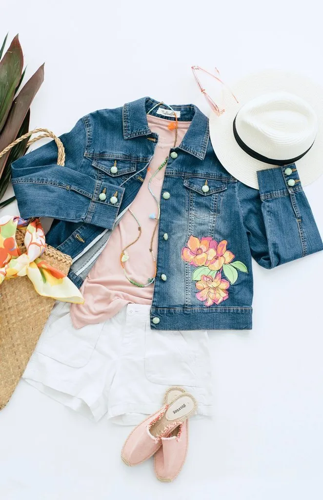 Embroidered Pink Orange Hawaiian Floral Denim Jacket