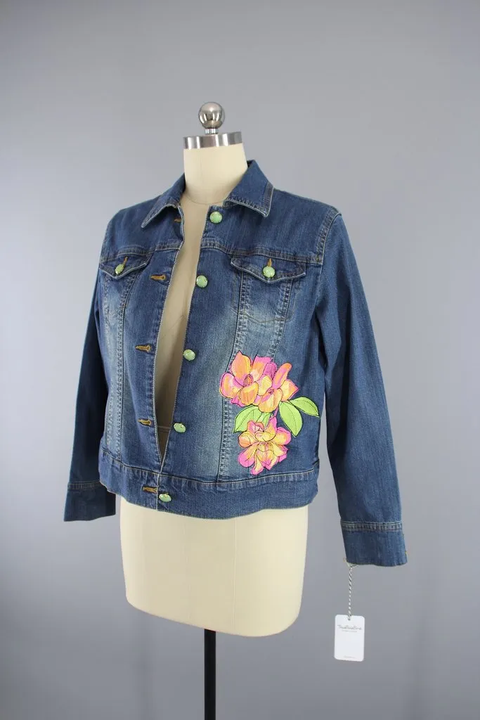 Embroidered Pink Orange Hawaiian Floral Denim Jacket