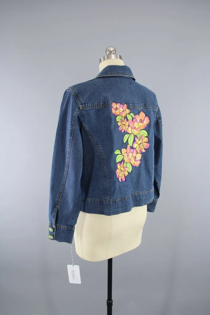 Embroidered Pink Orange Hawaiian Floral Denim Jacket