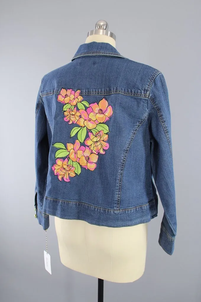 Embroidered Pink Orange Hawaiian Floral Denim Jacket