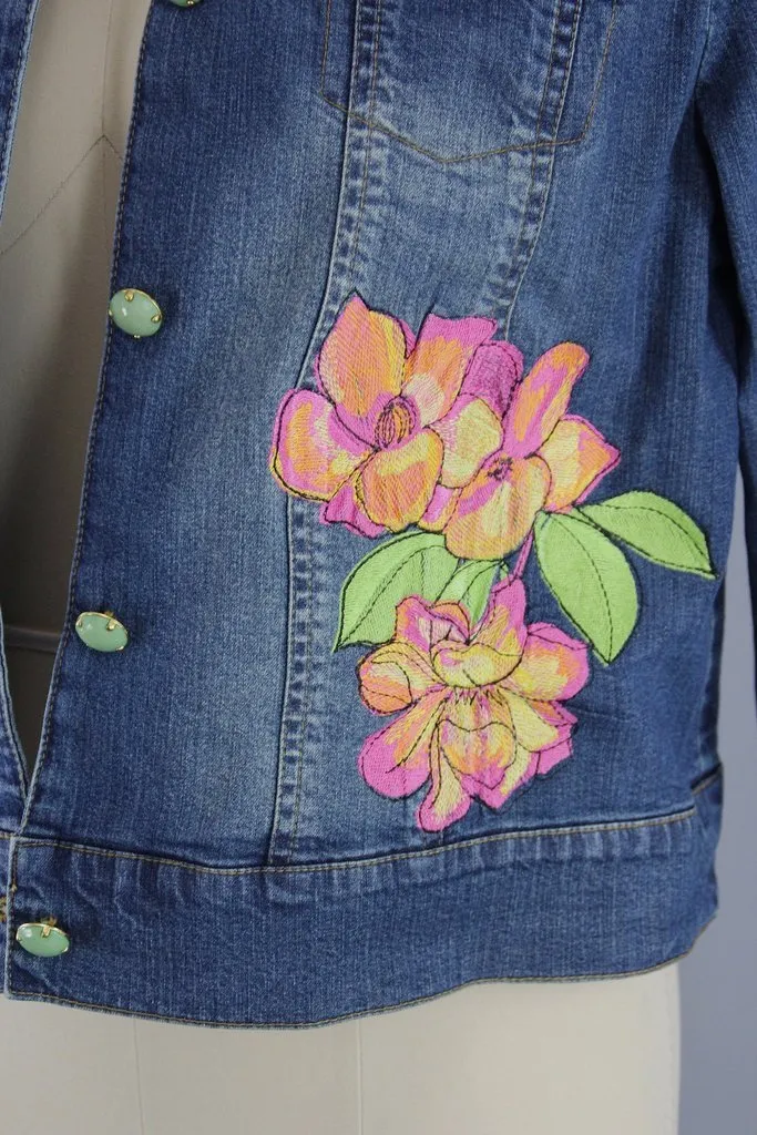 Embroidered Pink Orange Hawaiian Floral Denim Jacket