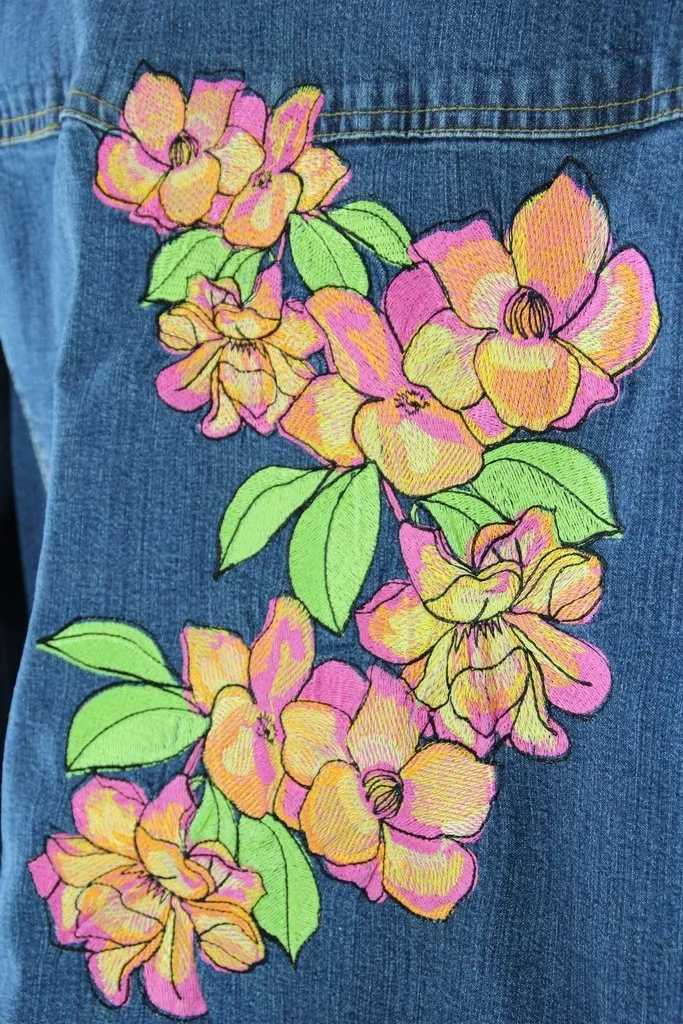 Embroidered Pink Orange Hawaiian Floral Denim Jacket