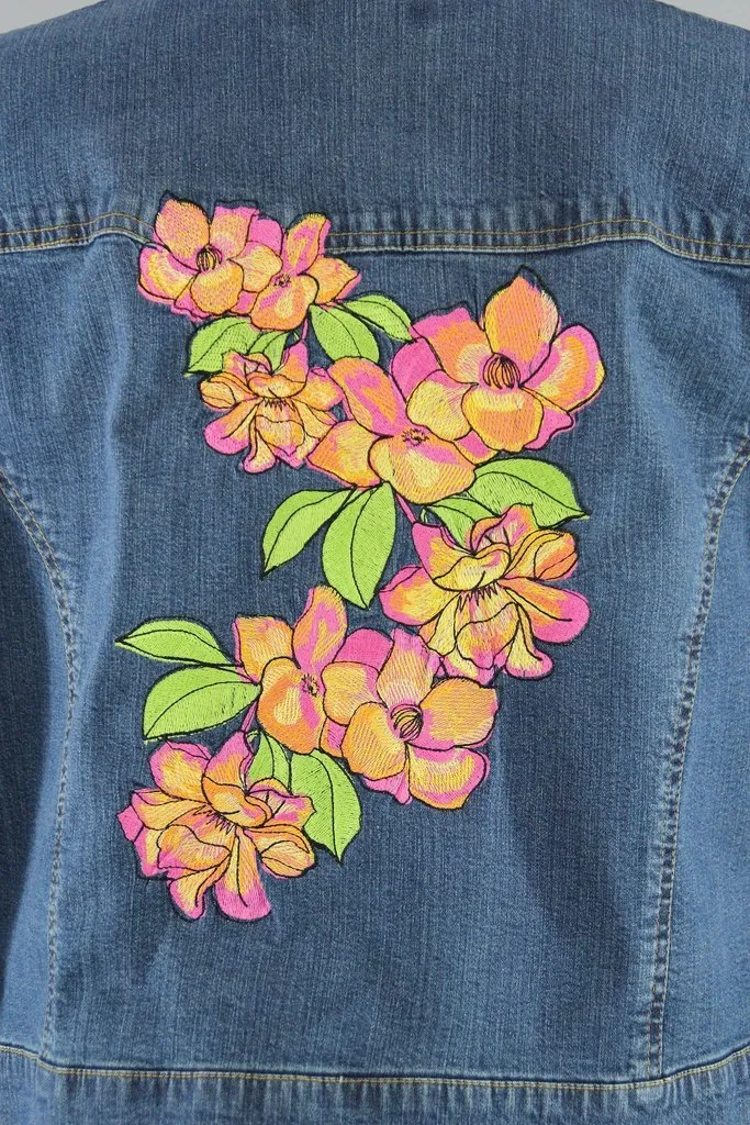 Embroidered Pink Orange Hawaiian Floral Denim Jacket