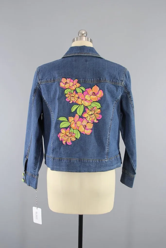 Embroidered Pink Orange Hawaiian Floral Denim Jacket