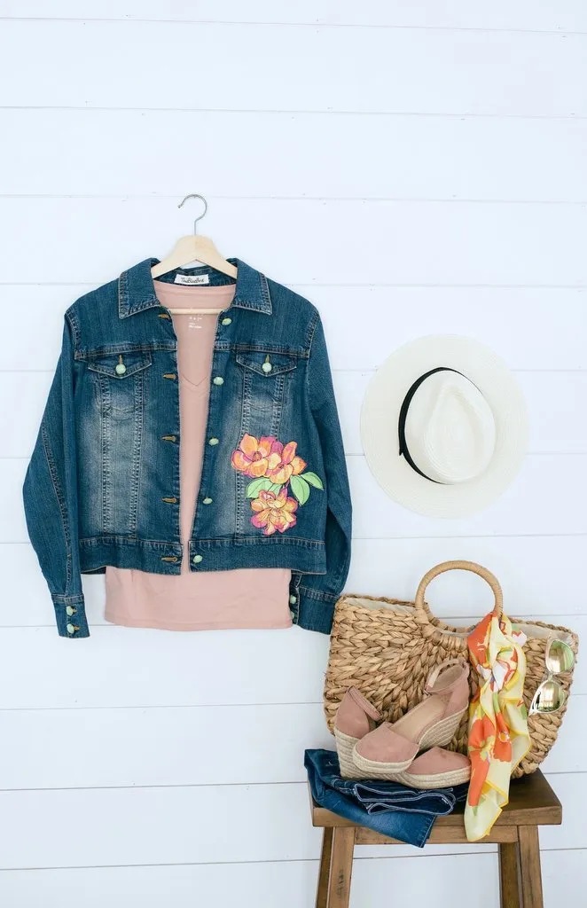 Embroidered Pink Orange Hawaiian Floral Denim Jacket