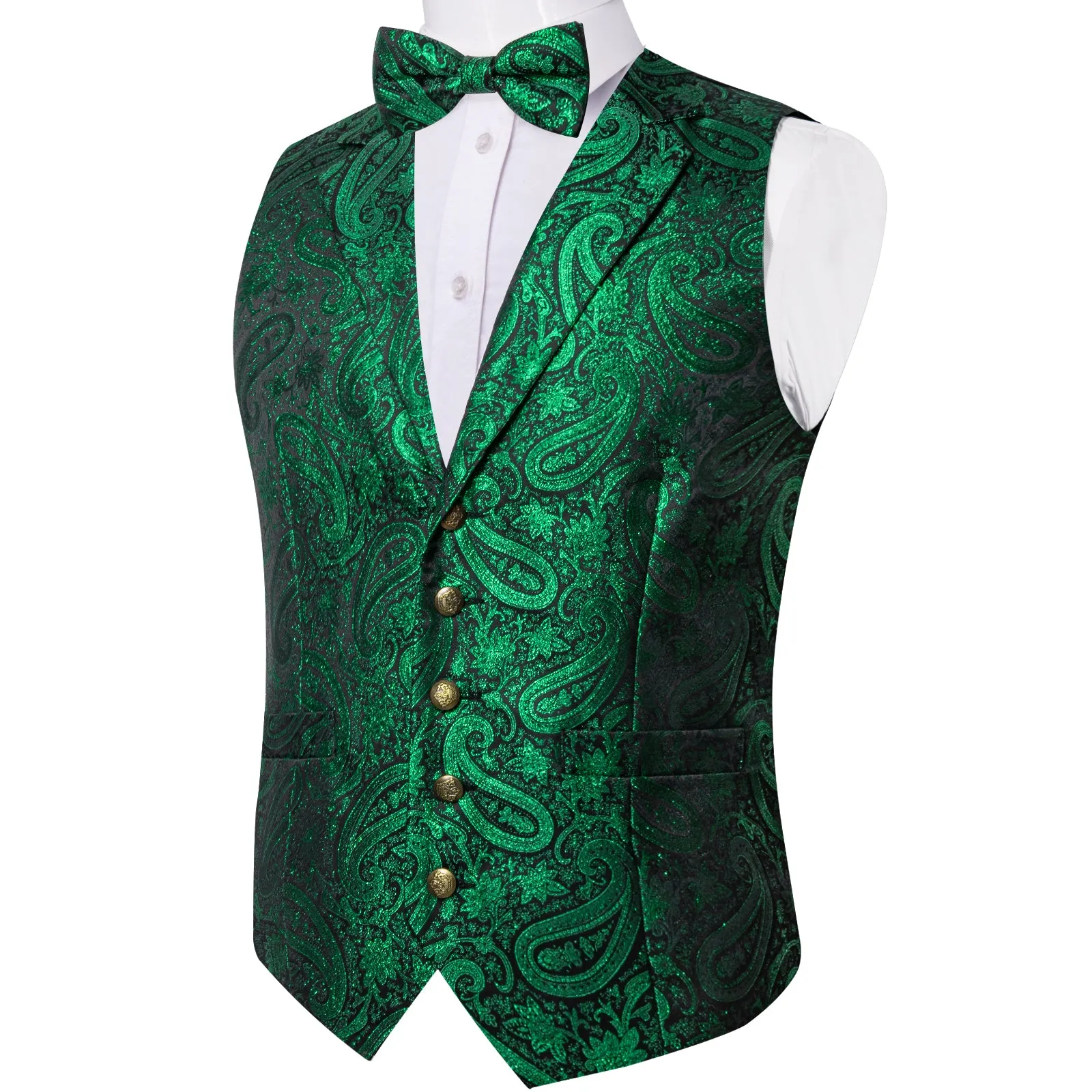 Emerald Green Paisley Jacquard Silk Men's Collar Vest Bow Tie Handkerchief Cufflinks Set