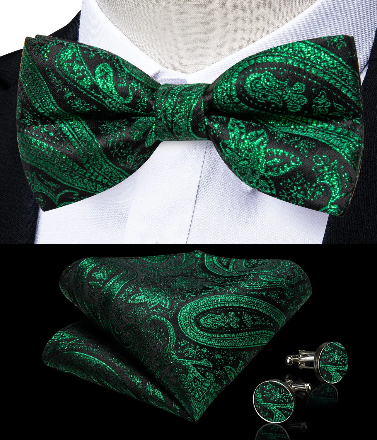 Emerald Green Paisley Jacquard Silk Men's Collar Vest Bow Tie Handkerchief Cufflinks Set