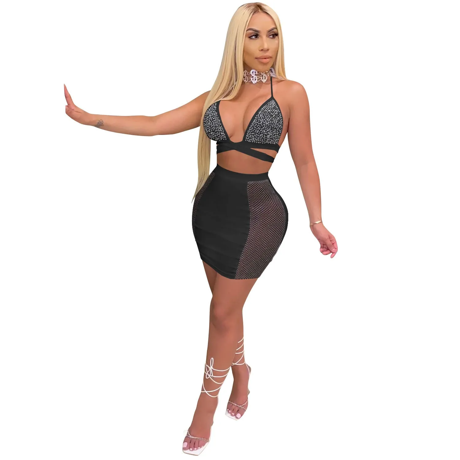 Fashion European And American Nightclub Skirt Hot Drilling Cross Straps Halter Two-Piece Suit