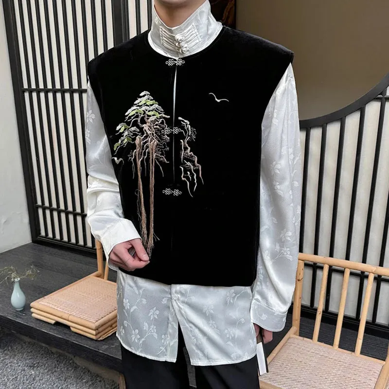 Fashion Men's Velvet Vest Embroidered Landscape Tassel Sleeveless Coat Chinese Style Trendy Male Top 2024 9C5132