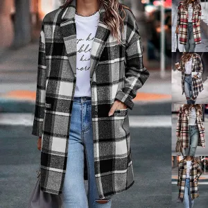 Fashion Plaid Long Jacket With Pockets Autumn And Winter New Style Turndown Collar Woolen Coat Outdoor Women Clothing